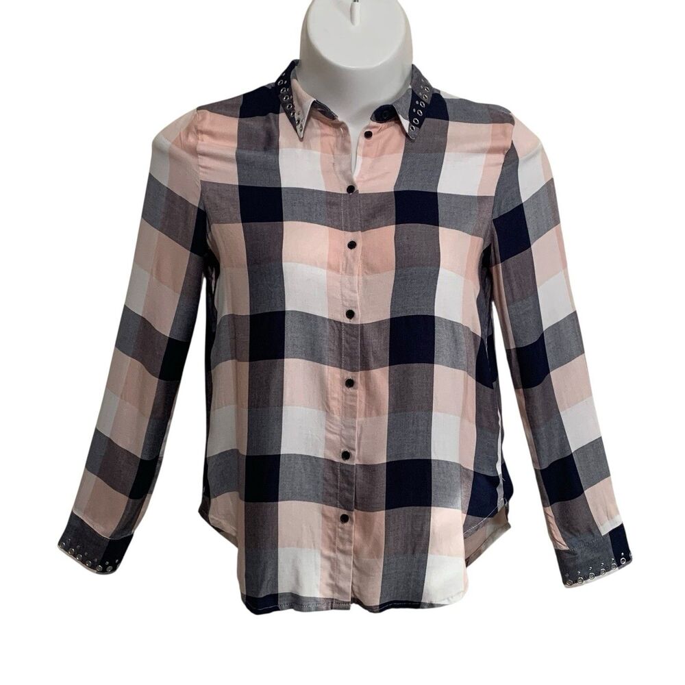 H&M Blouse Button Up Top Women's Sz 12 Blue Pink Plaid Long Sleeve Embellished